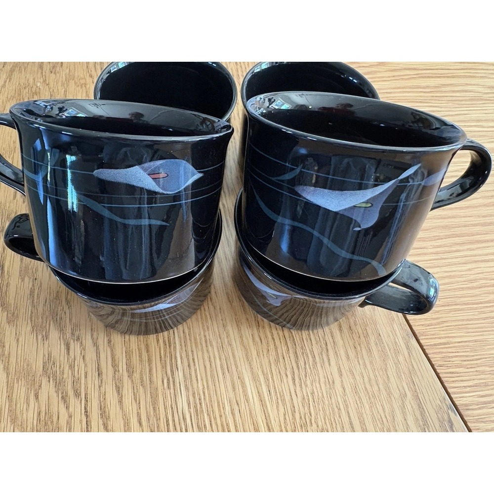 Set of 6 Mikasa Galleria FK 701 Opus Black Tea Coffee Cups Calla Lily Japan